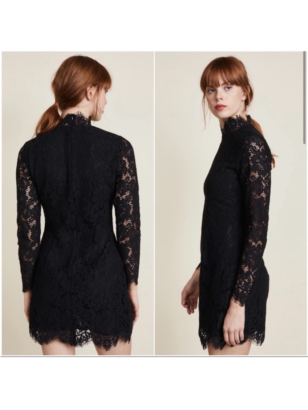 Ganni Black Lace Long-Sleeve High-Neck Mini Dress